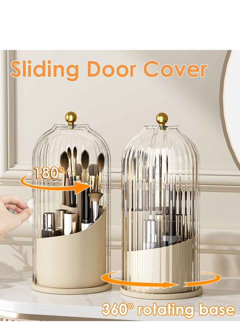 Loquat Cosmetic storage box with lid,360 Rotating Clear Dustproof Makeup Brushes Organizer(Beige) - Image 3