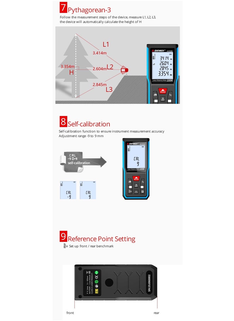 إس إن دي واي - المحمولة المحمولة الليزر الرقمية الليزر rangefinder الشريط المدى مكتشف مع M / in / Ft وحدة التبديل شاشة LCD بإضاءة خلفية قياس المسافة فيثاغورس المنطقة والحجم - Image 1