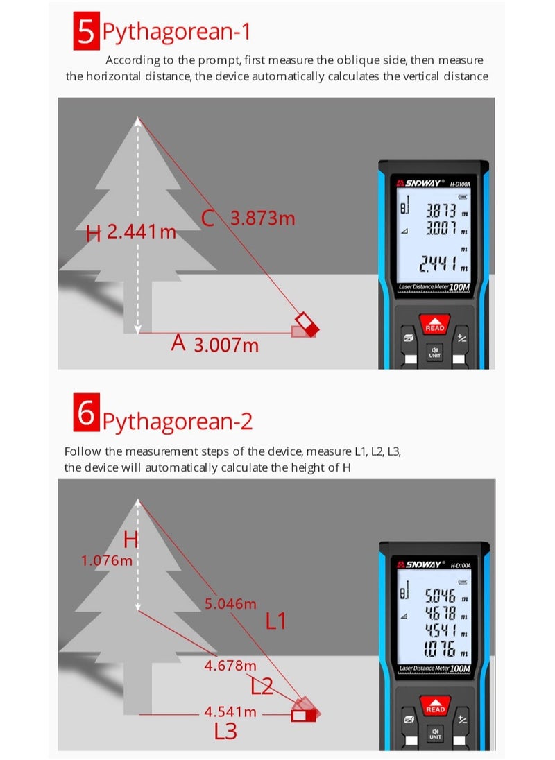 إس إن دي واي - المحمولة المحمولة الليزر الرقمية الليزر rangefinder الشريط المدى مكتشف مع M / in / Ft وحدة التبديل شاشة LCD بإضاءة خلفية قياس المسافة فيثاغورس المنطقة والحجم - Image 1