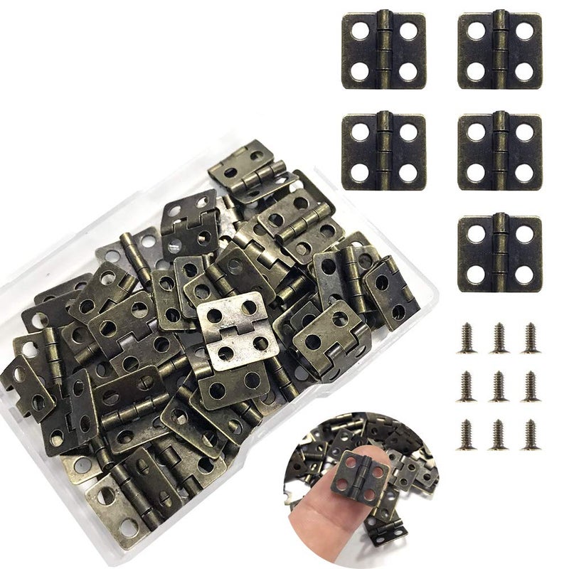 Juland 50 Pieces Mini Pure Copper Hinges Retro Hinges with 200 Pieces Replacement Screws for Wooden Box Jewelry Chest Box Cabinet DIY Accessories 13 x 12mm051 x 047inch Bronze