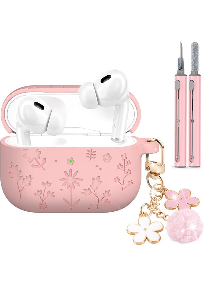 SJet AirPods Pro 3 2025 Case with Cherry Blossom Keychain and Cleaning Kit, Soft Silicone Protective Flower Engraved with AirPod Pro 3 Case Cover(Pink) - Image 1