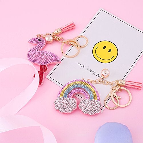 Soleebee Glitter Keychain Premium SS6 Crystal Tassel Key Chain Leather Bag Charm for Women Girls (Rainbow) - Image 4