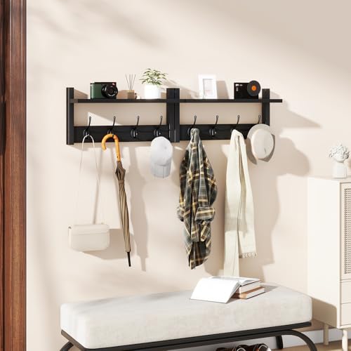 YMYNY Coat Rack Shelf Wall Mounted, Coat Hooks Set of 2, Entryway Coat Hanger with 8 Hooks, 31.5" Wall Floating Shelf with Hat Rack, for Kitchen, Bedroom, Bathroom, Black UHWS001B-2 - Image 3