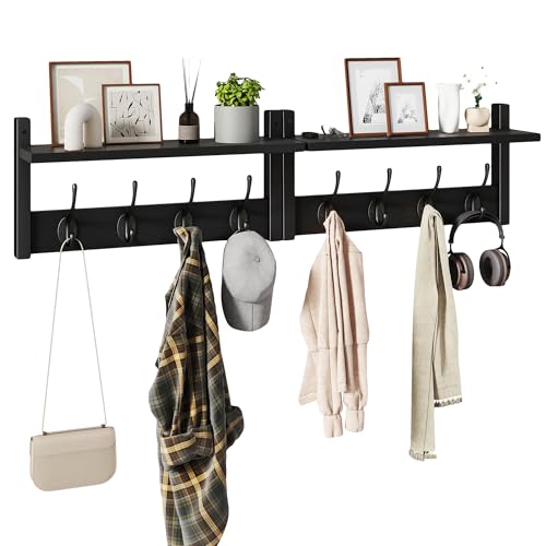 YMYNY Coat Rack Shelf Wall Mounted, Coat Hooks Set of 2, Entryway Coat Hanger with 8 Hooks, 31.5" Wall Floating Shelf with Hat Rack, for Kitchen, Bedroom, Bathroom, Black UHWS001B-2 - Image 1