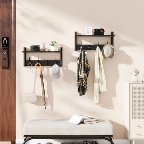 YMYNY Coat Rack Shelf Wall Mounted, Coat Hooks Set of 2, Entryway Coat Hanger with 8 Hooks, 31.5" Wall Floating Shelf with Hat Rack, for Kitchen, Bedroom, Bathroom, Black UHWS001B-2 - Image 4