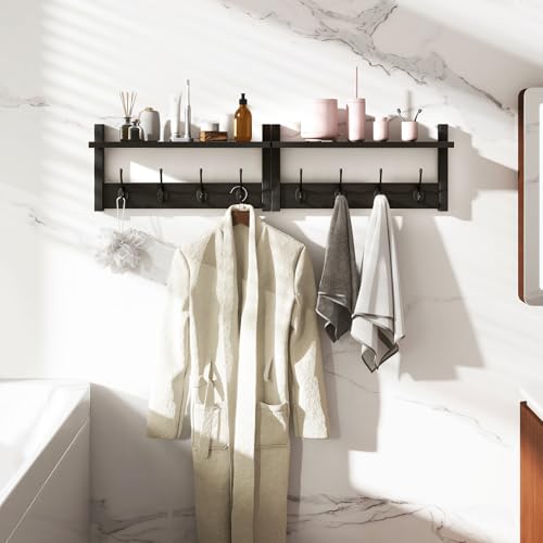 YMYNY Coat Rack Shelf Wall Mounted, Coat Hooks Set of 2, Entryway Coat Hanger with 8 Hooks, 31.5" Wall Floating Shelf with Hat Rack, for Kitchen, Bedroom, Bathroom, Black UHWS001B-2 - Image 5