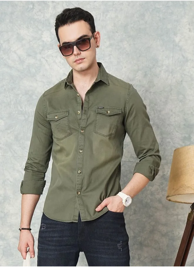شركة المرآب الهندية Men Slim Fit Solid Full Sleeves Spread Collar Double Flap Pocket Casual Shirt