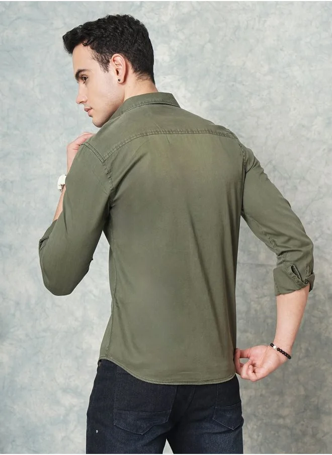 شركة المرآب الهندية Men Slim Fit Solid Full Sleeves Spread Collar Double Flap Pocket Casual Shirt