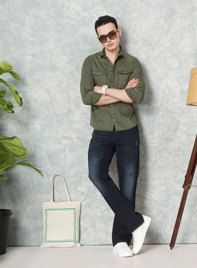 The Indian Garage Co Men Slim Fit Solid Full Sleeves Spread Collar Double Flap Pocket Casual Shirt