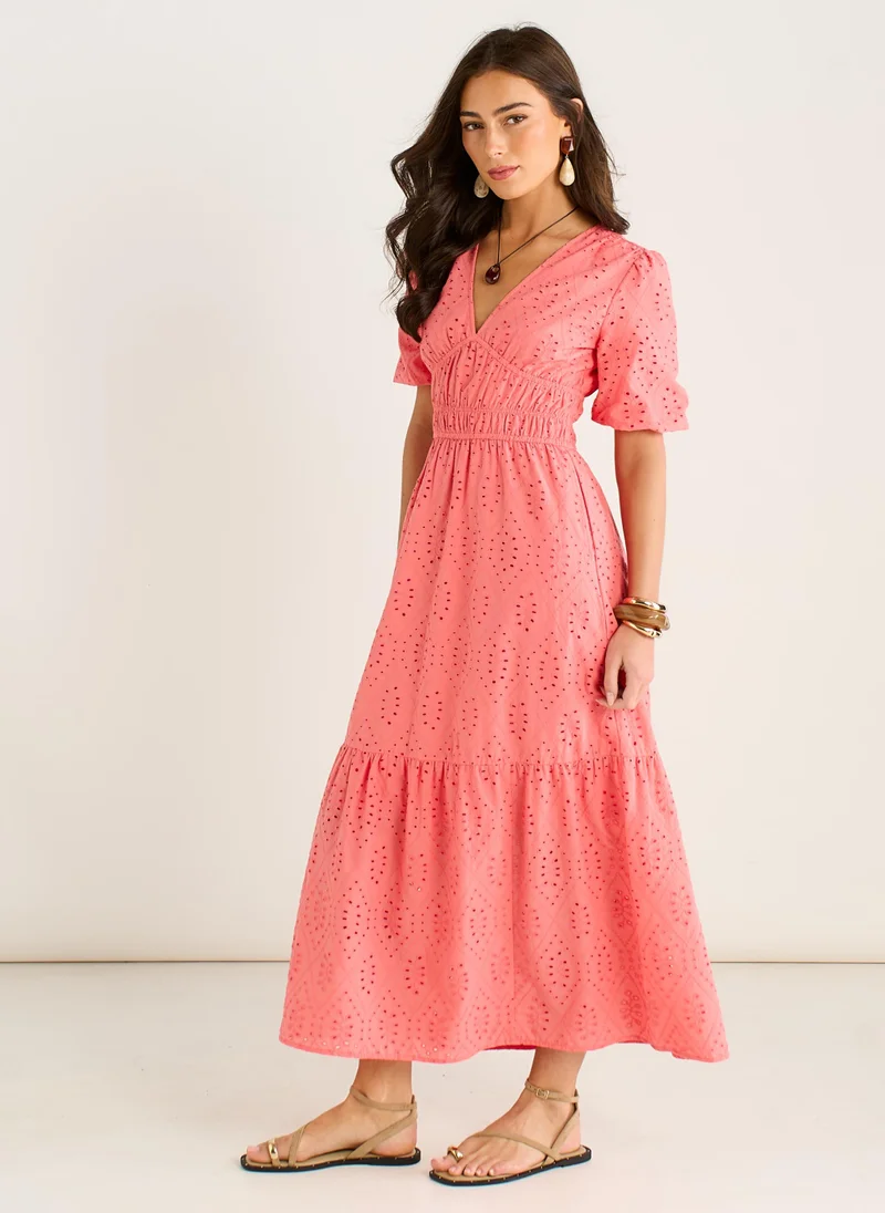 Gini London  Coral Diamond Cutwork V Neck Broderie Dress for Women | Best Price UAE