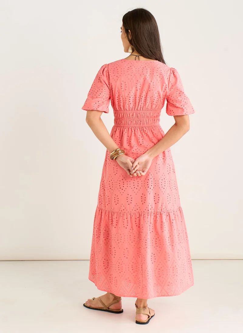 Gini London  Coral Diamond Cutwork V Neck Broderie Dress for Women | Best Price UAE