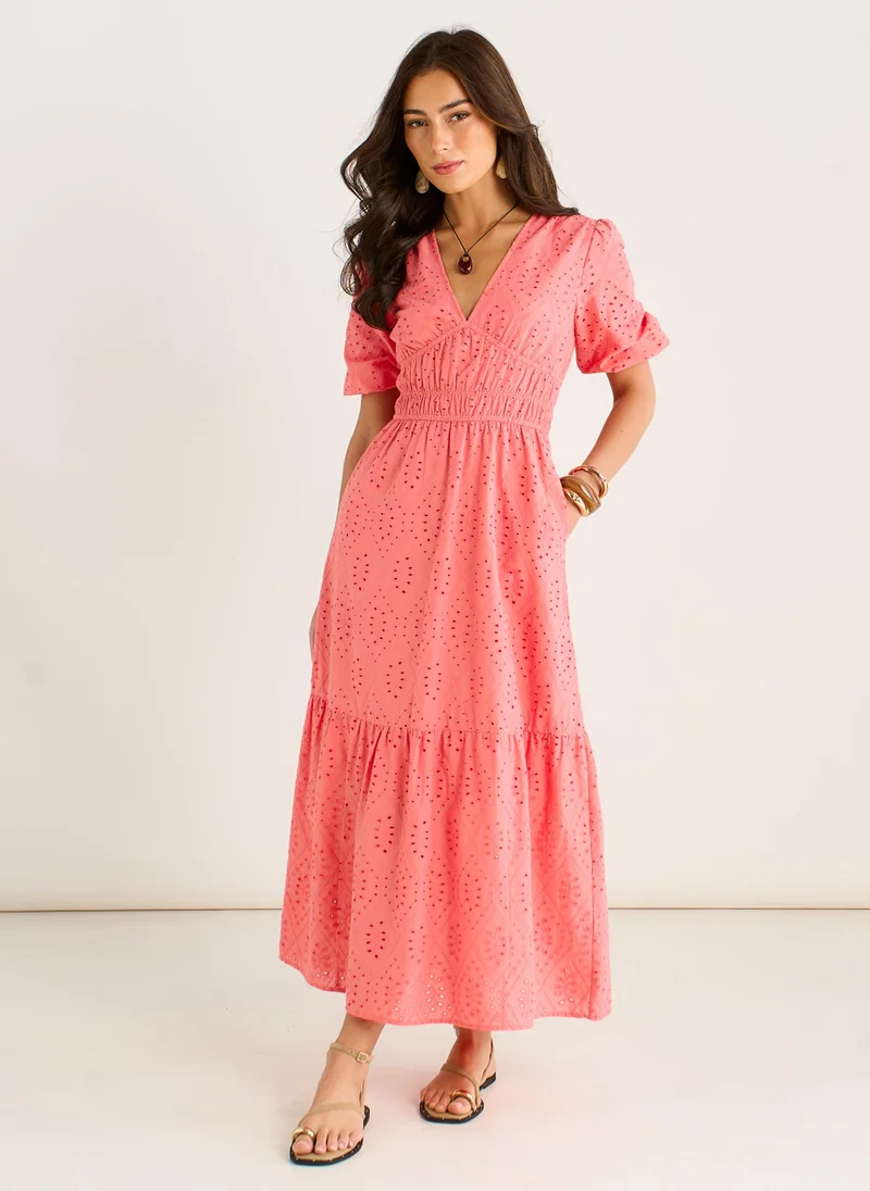Coral Diamond Cutwork V Neck Broderie Dress