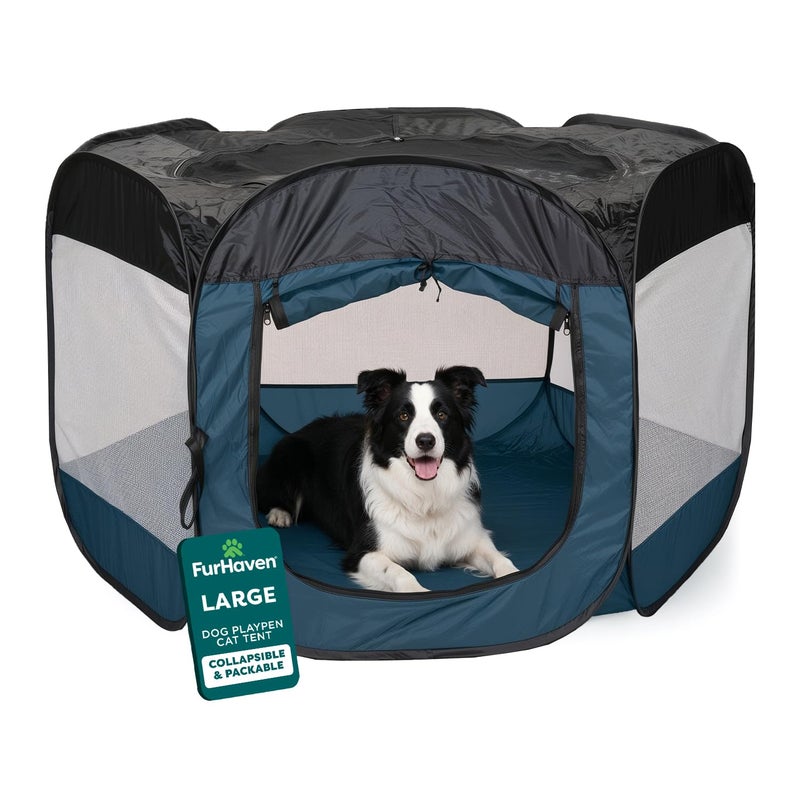 FurHaven SoftSided Dog Cat Playpen Portable Foldable Indoor Outdoor Pet Playpen with Mesh Windows Zippered Door Sailor Blue Large - Image 2