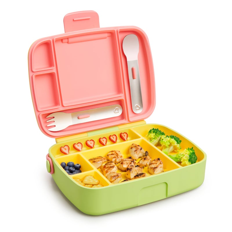 Munchkin Lunch Bento Box for Kids and Toddlers, Includes Stainless Steel Utensils, BPA-Free, 18 Months and Up, Pink/Green/Yellow - Image 1