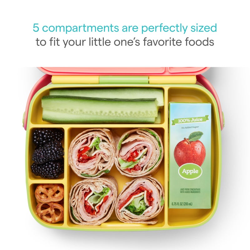 Munchkin Lunch Bento Box for Kids and Toddlers, Includes Stainless Steel Utensils, BPA-Free, 18 Months and Up, Pink/Green/Yellow - Image 2