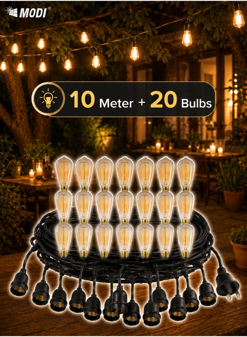 MODI Vintage Warm White LED String Light Set – 10M Cable with 20 Bulb Holders + 20 Edison-Style LED Bulbs – Indoor & Outdoor Decorative Lighting - Image 1
