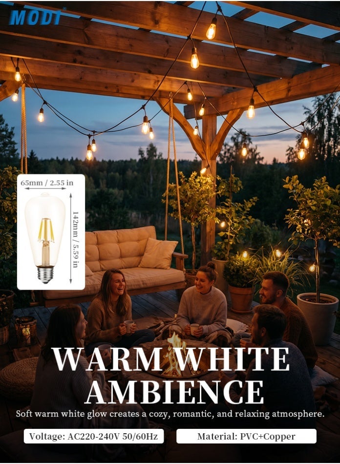 MODI Vintage Warm White LED String Light Set – 10M Cable with 20 Bulb Holders + 20 Edison-Style LED Bulbs – Indoor & Outdoor Decorative Lighting - Image 5