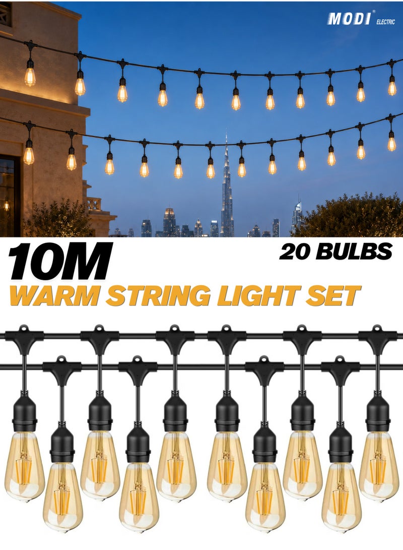 مودي مجموعة أضواء LED بيضاء دافئة عتيقة - كابل 10 أمتار مع 20 حاملًا للمصباح + 20 مصباح LED على طراز Edison - إضاءة ديكورية داخلية وخارجية - Image 1