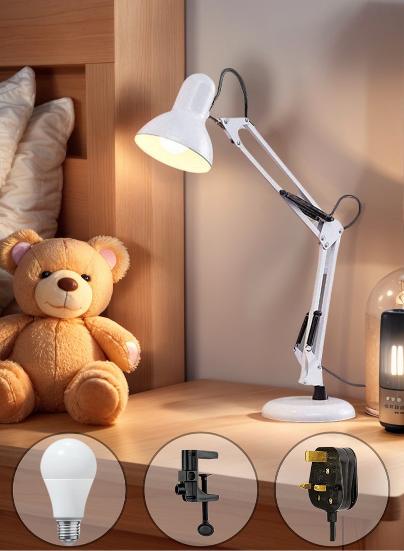 GGOOT Sparkling and wonderful metal swing arm desk lamp, multi joint adjustable arm LED desk lamp, with interchangeable base or fixture, suitable for work and gaming. Desk lamp (white body, 1 bulb), E27 base - Image 1