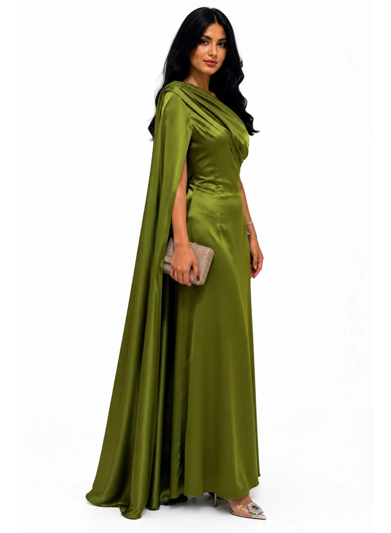 2TRENDY Ladore Women's One-Shoulder Maxi Dress with Cape - Olive Green
