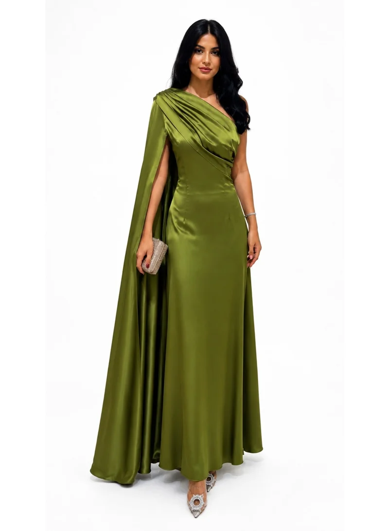 2TRENDY Ladore Women's One-Shoulder Maxi Dress with Cape - Olive Green