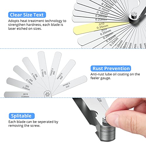CAMWAY 2Pcs Feeler Gauge Set Steel Metric/Inch 32 Straight Blade Steel Feeler Gauge+16pcs Feeler Gauge 45º Blades Offset for Measuring Gap Width Thickness Valve Spark Plug Gaps Measuring Tools - Image 4