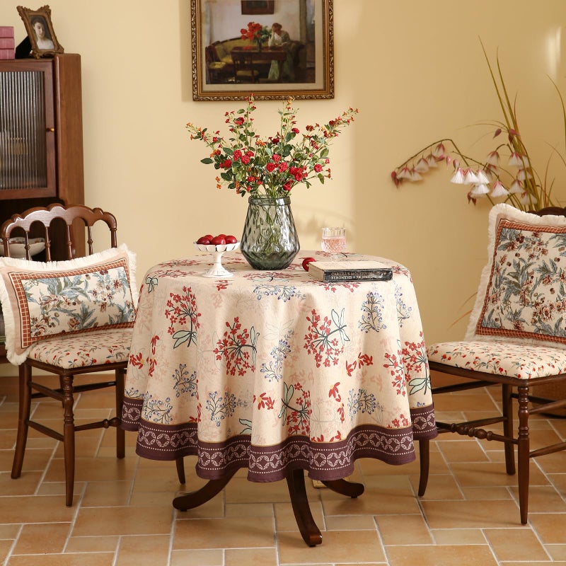 patdrea Designer Vintage Linen Table Cloth for Round Table,Red Floral Durable Breathable Tablecloth,Dacorative for Kitchen Dining,Holiday,Christmas,Thanksgiving,Tea Party,Diameter 55"-Newmari - Image 2