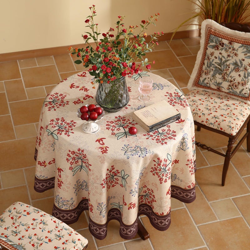 patdrea Designer Vintage Linen Table Cloth for Round Table,Red Floral Durable Breathable Tablecloth,Dacorative for Kitchen Dining,Holiday,Christmas,Thanksgiving,Tea Party,Diameter 55"-Newmari - Image 3