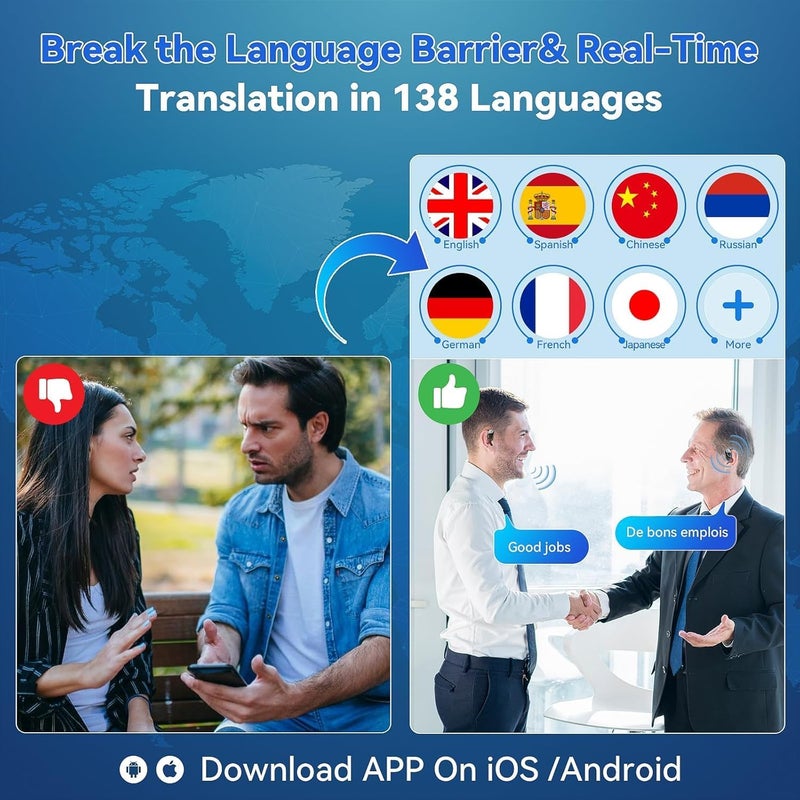 NALACAL سماعات أذن للترجمة الفورية، سماعات أذن للترجمة مزودة بشاشة لمس LED، وقت تشغيل 50 ساعة، مترجم غير متصل بالإنترنت لاستكشاف حياة المغتربين بحرية، متوافقة مع أنظمة iOS وAndroid، تدعم 138 لغة - Image 5