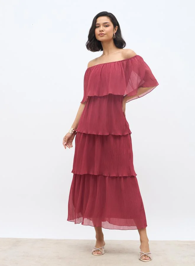 ستايلي Styli Solid Off-Shoulder Tiered Maxi Dress