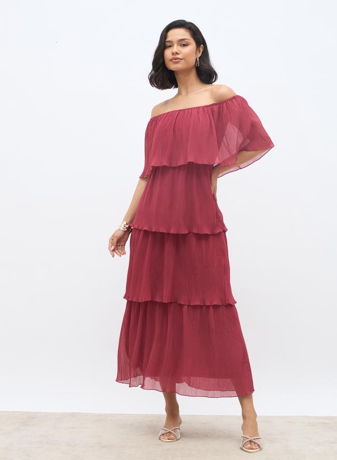 ستايلي فستان ماكسي ستايلي سادة بكتف مكشوف وطبقات - Image 2