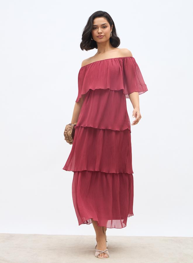 ستايلي فستان ماكسي ستايلي سادة بكتف مكشوف وطبقات - Image 1