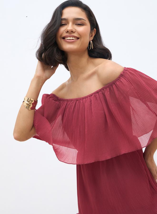 ستايلي فستان ماكسي ستايلي سادة بكتف مكشوف وطبقات - Image 4