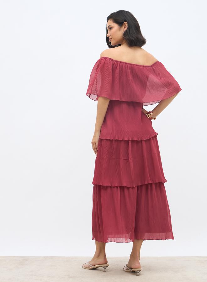 ستايلي فستان ماكسي ستايلي سادة بكتف مكشوف وطبقات - Image 5