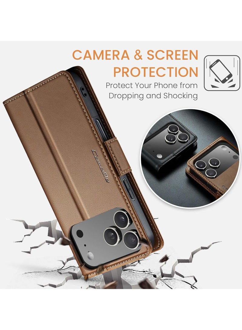 Multifunctional iPhone 17 Pro Max Wallet Case with Card Holder, RFID Blocking, Waterproof PU Leather Flip Cover – Brown - Image 4