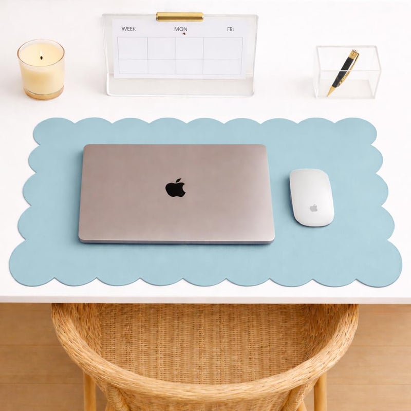 Orelle Scalloped Desk Mat | Vegan Leather Desk Mat for Keyboard and Mouse, Laptop, Makeup Vanity | Computer Desk Pad Mat | Office Desk Cover Mat | Desk Blotter Mat | 30 x 15â€ | Green - Image 1