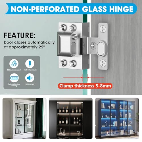 Eegoowa Glass Door Hinges for Cabinets Cabinet Glass Door Hinges304 Stainless Steel for 58mm Cabinet DoorSilver4PCS - Image 3