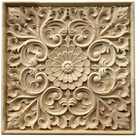 Primst 1PC Square Wood Appliques Onlays Furniture Decal Unpainted Flower Pattern Wood Applique Onlay for Wall Cupboard Mantel Door Bed Cabinet Ceiling Furniture Decoration 11830cm  - Image 1