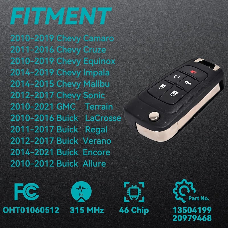 AMICAREP Chevy Keyless Entry Remote Car Key 5-Button 315MHz OHT01060512 Compatible with 2010-2021 Chevy GMC Buick (2PCS) - Image 2