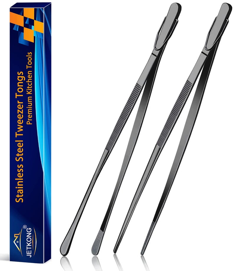 JETKONG 2 Pcs 12Inch Food Tweezer Tongs Stainless Steel Kitchen Tweezer Cooking Tweezers Black