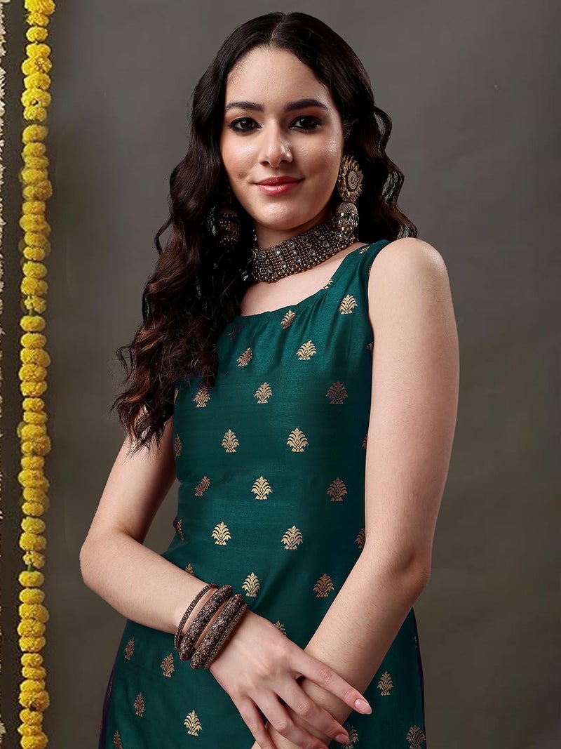 EthnicJunction Women's Embellished Woven Zari Work Banarasi Silk Straight Sleeveless Kurta Pant with Dupatta Set Green - Image 5