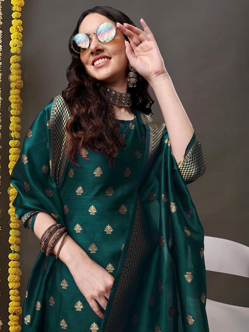 EthnicJunction Women's Embellished Woven Zari Work Banarasi Silk Straight Sleeveless Kurta Pant with Dupatta Set Green - Image 4