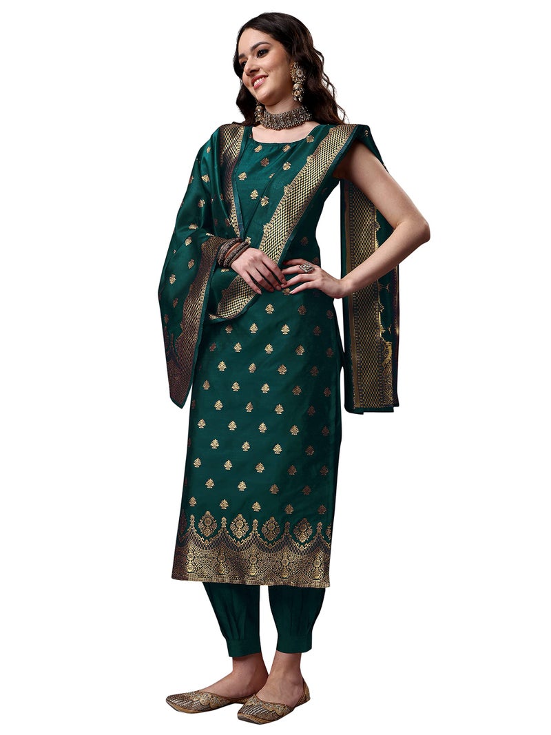 EthnicJunction Women's Embellished Woven Zari Work Banarasi Silk Straight Sleeveless Kurta Pant with Dupatta Set Green - Image 1