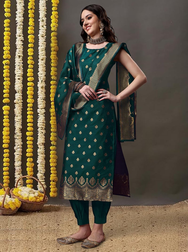 EthnicJunction Women's Embellished Woven Zari Work Banarasi Silk Straight Sleeveless Kurta Pant with Dupatta Set Green - Image 3