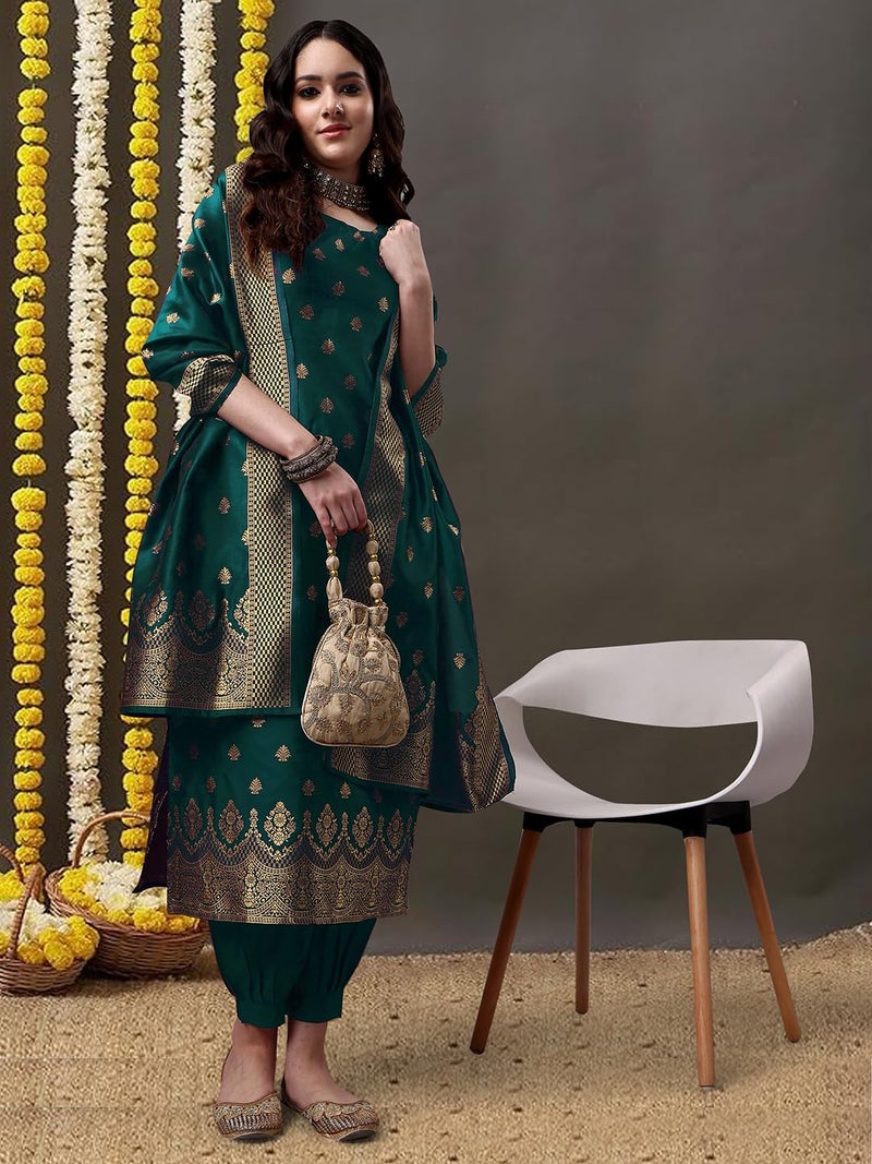 EthnicJunction Women's Embellished Woven Zari Work Banarasi Silk Straight Sleeveless Kurta Pant with Dupatta Set Green - Image 2