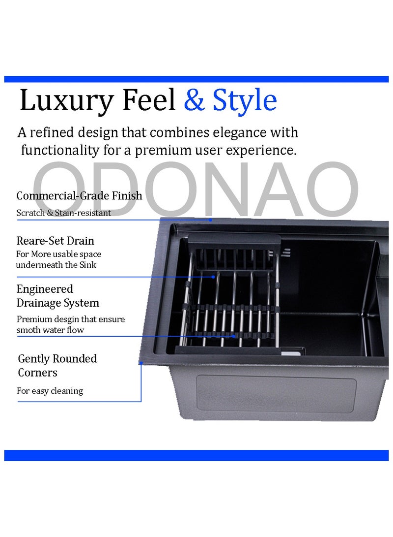 ODONAO Premium Stainless Steel Kitchen Double Sink 78x43x22 cm, Black Finish, Durable Twin Bowl, Modern Design for Home & Apartment Kitchens - Image 3