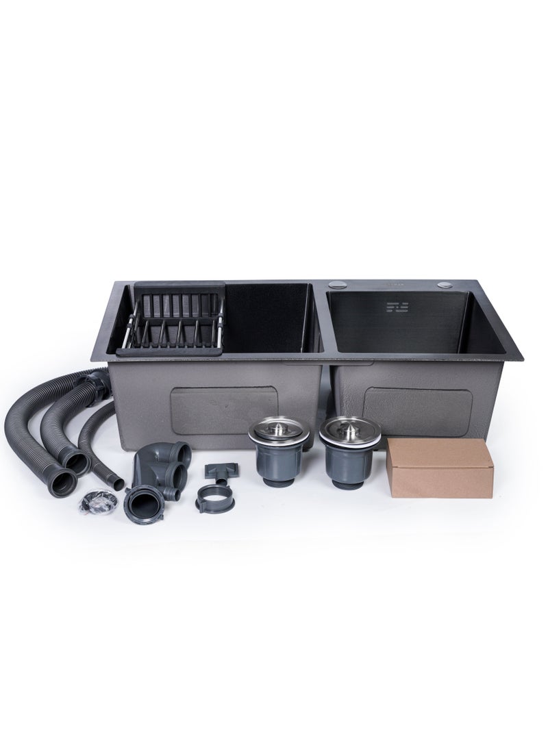 ODONAO Premium Stainless Steel Kitchen Double Sink 78x43x22 cm, Black Finish, Durable Twin Bowl, Modern Design for Home & Apartment Kitchens - Image 1