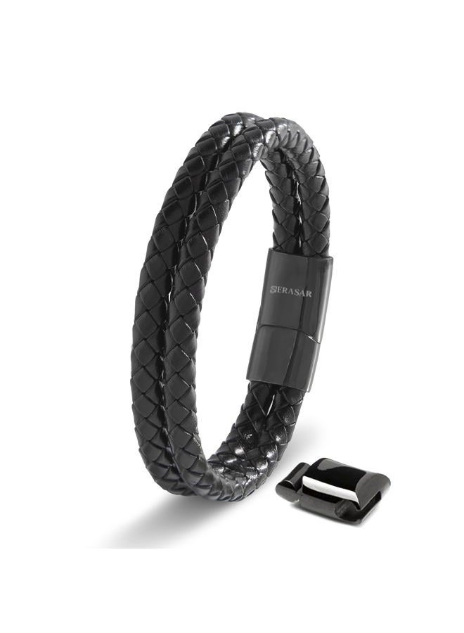 SERASAR 20cm Black Bracelet Men Gift Box Genuine Leather Cowhide Braided Adjust Able Magnetic Clasp Multi Layer Wrap Jewellery Rope Man Mans Male Boy Boys Mens Bracelets Band Jewelry Magnet Accessories - Image 1