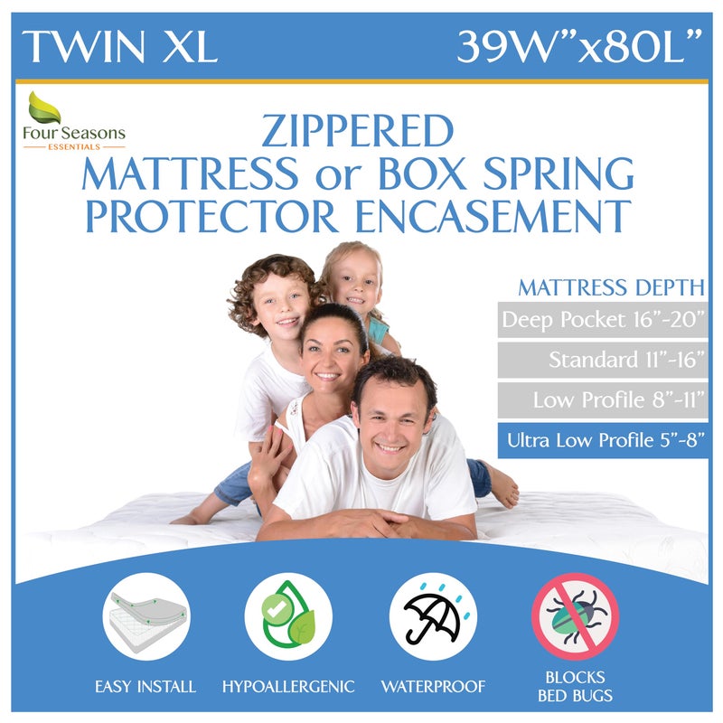 Twin XL Size Mattress or Box Spring Encasement 5 to 8 Depth  Low Profile Twin Extra Long Waterproof Zippered Protector Hypoallergenic Premium Bed Cover Protects from Dust Allergens