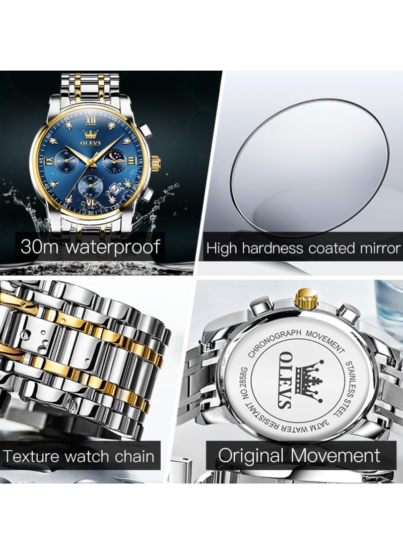 OLEVS Diamond Watches for Men,Business Dress Watch Waterproof Luminous,Male Golden Big Dial Luxury Casual Quartz Analog Watches with Day Date Calendar and Stainless Steel Band - Image 2